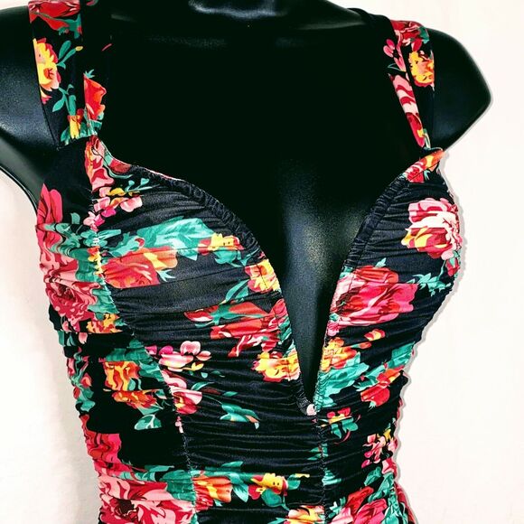 New S Floral Ruched Deep V Neck Wired Bodysuit Black 90's Retro - Picture 5 of 8